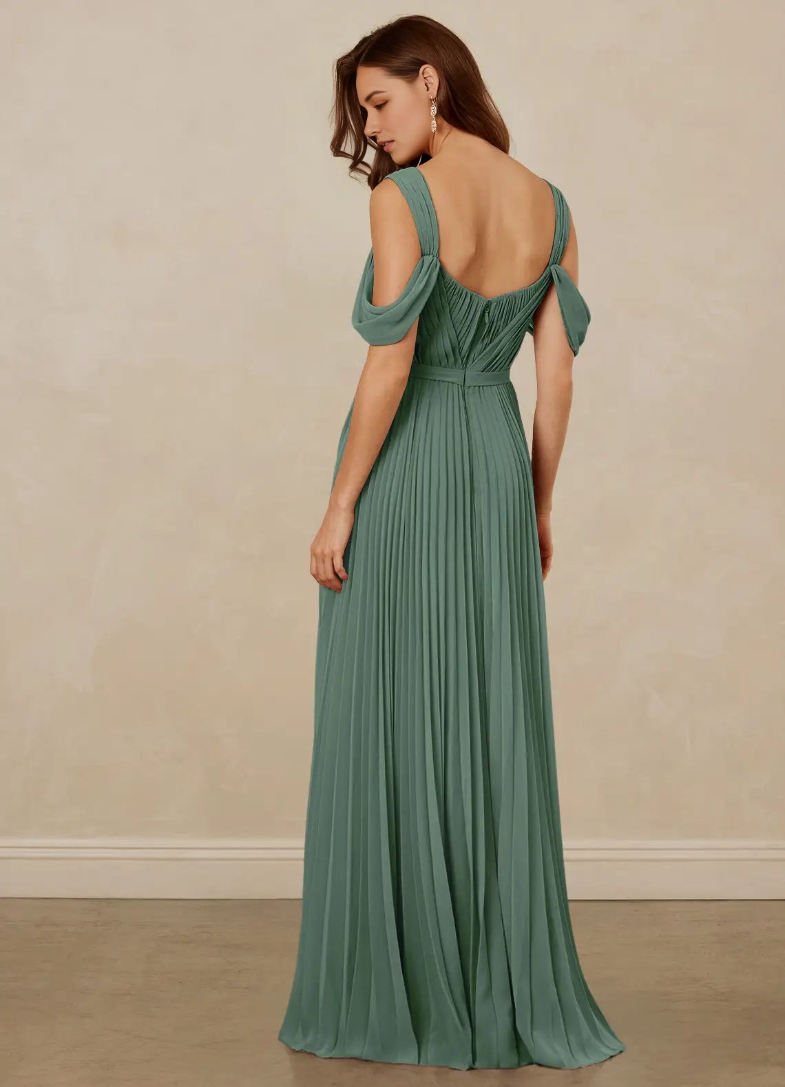 Sage Green Pleated Off-Shoulder Maxi Dress with Pockets Eucalyptus A-Line Off the Shoulder Chiffon Dress Bridesmaid Dresses