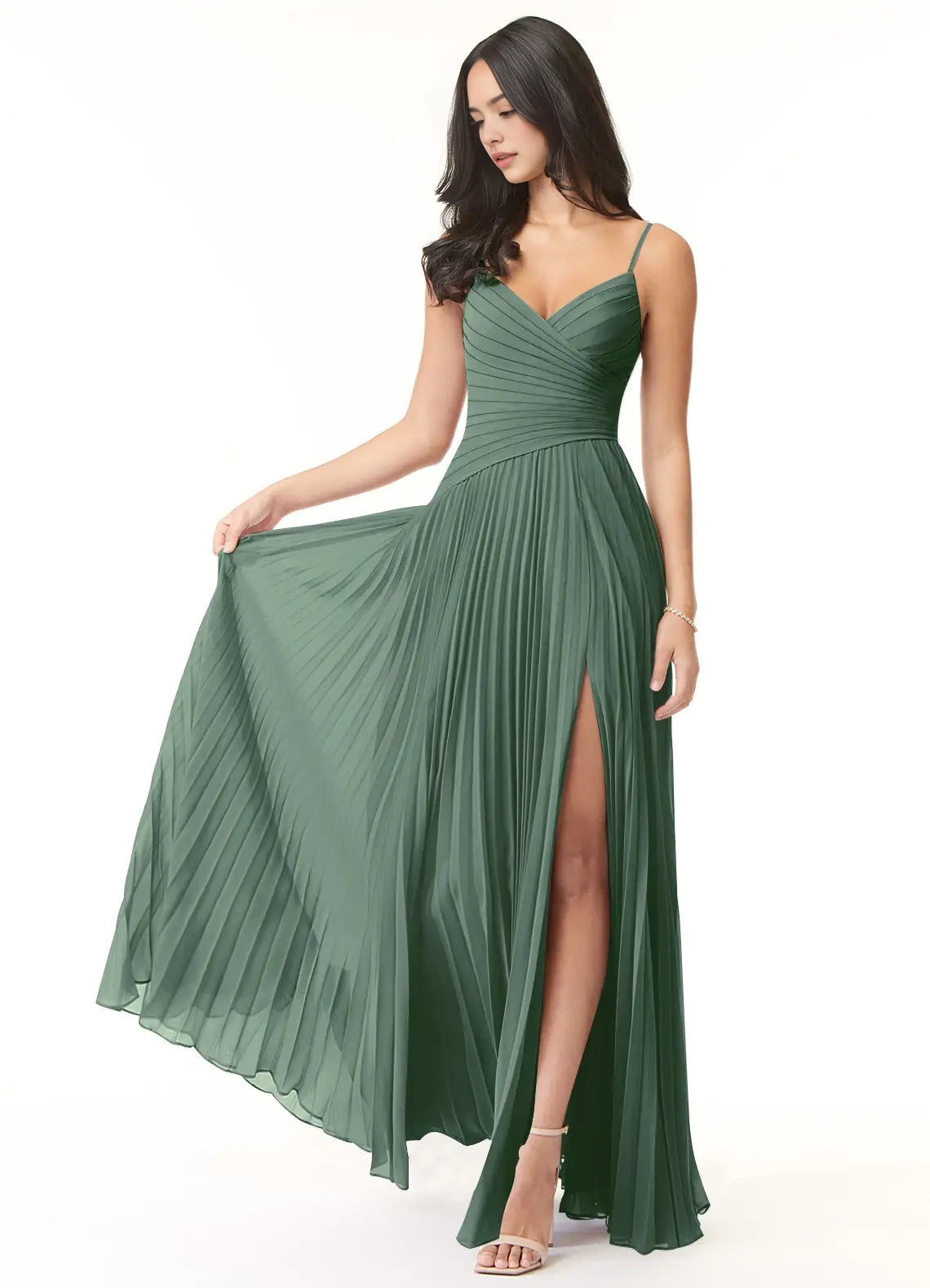 Sage Green Pleated V-Neck Maxi Dress with Side Slit A-Line V-Neck Pleated Chiffon Dress Bridesmaid Dresses