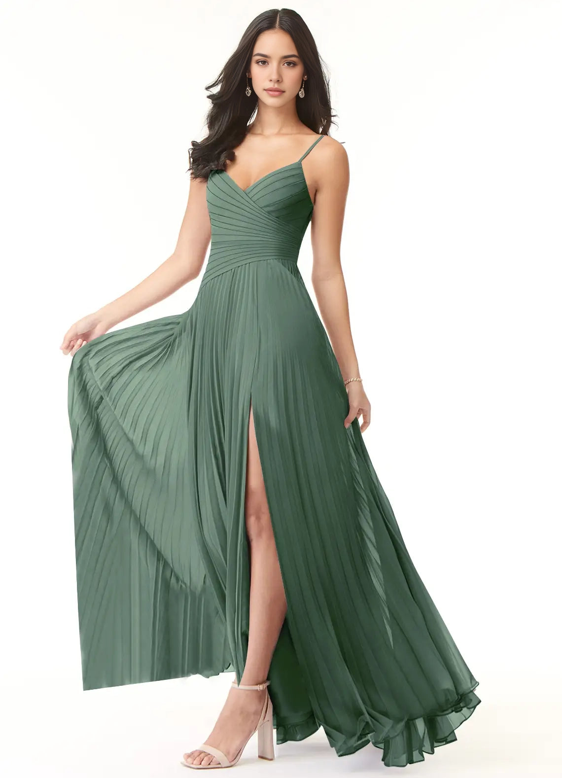 Sage Green Pleated V-Neck Maxi Dress with Side Slit A-Line V-Neck Pleated Chiffon Dress Bridesmaid Dresses