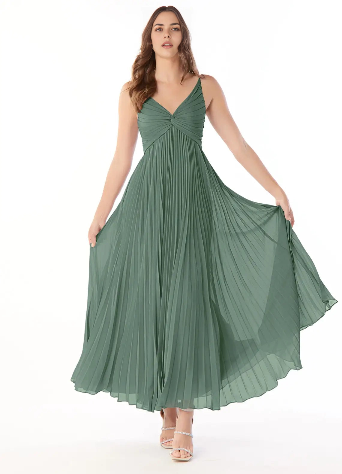 Sage Green Pleated V-Neck Spaghetti Strap Maxi Dress A-Line V-Neck Chiffon Dress Bridesmaid Dresses