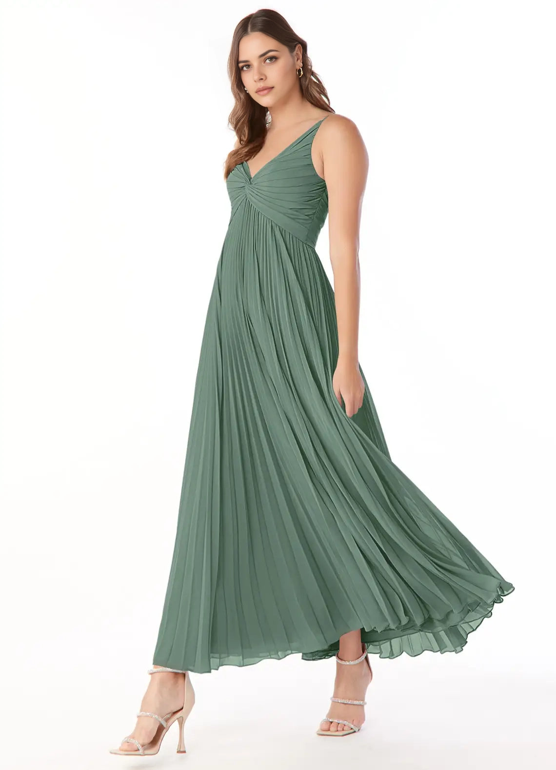 Sage Green Pleated V-Neck Spaghetti Strap Maxi Dress A-Line V-Neck Chiffon Dress Bridesmaid Dresses