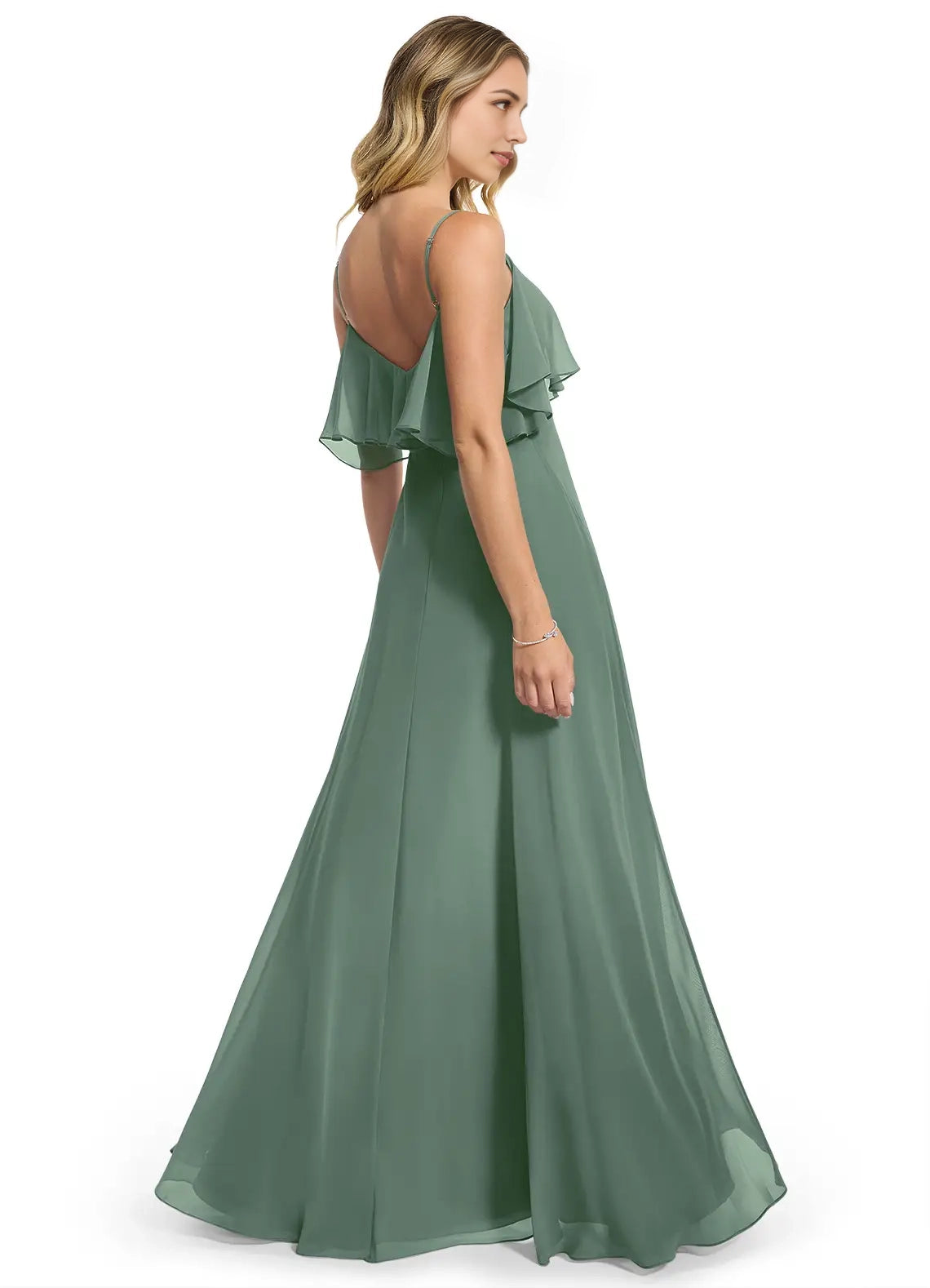 Sage Green Ruffled Spaghetti Strap Maxi Dress with Side Slit Eucalyptus A-Line Chiffon Convertible Dress Bridesmaid Dresses