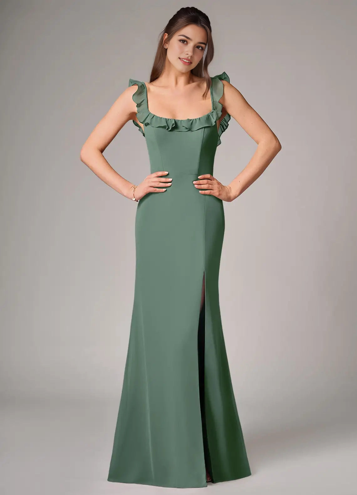 Sage Green Ruffled Strap Maxi Dress with Side Slit and Open Back Eucalyptus Mermaid Side Slit Chiffon Convertible Dress Bridesmaid Dresses