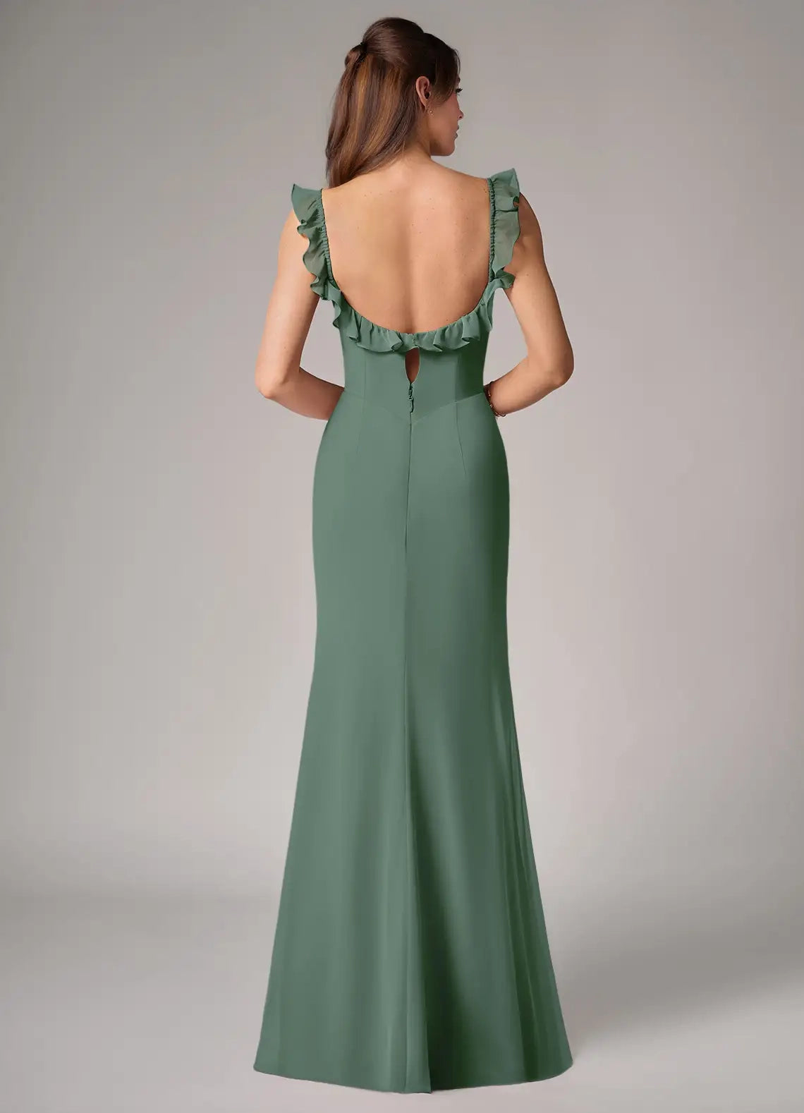 Sage Green Ruffled Strap Maxi Dress with Side Slit and Open Back Eucalyptus Mermaid Side Slit Chiffon Convertible Dress Bridesmaid Dresses