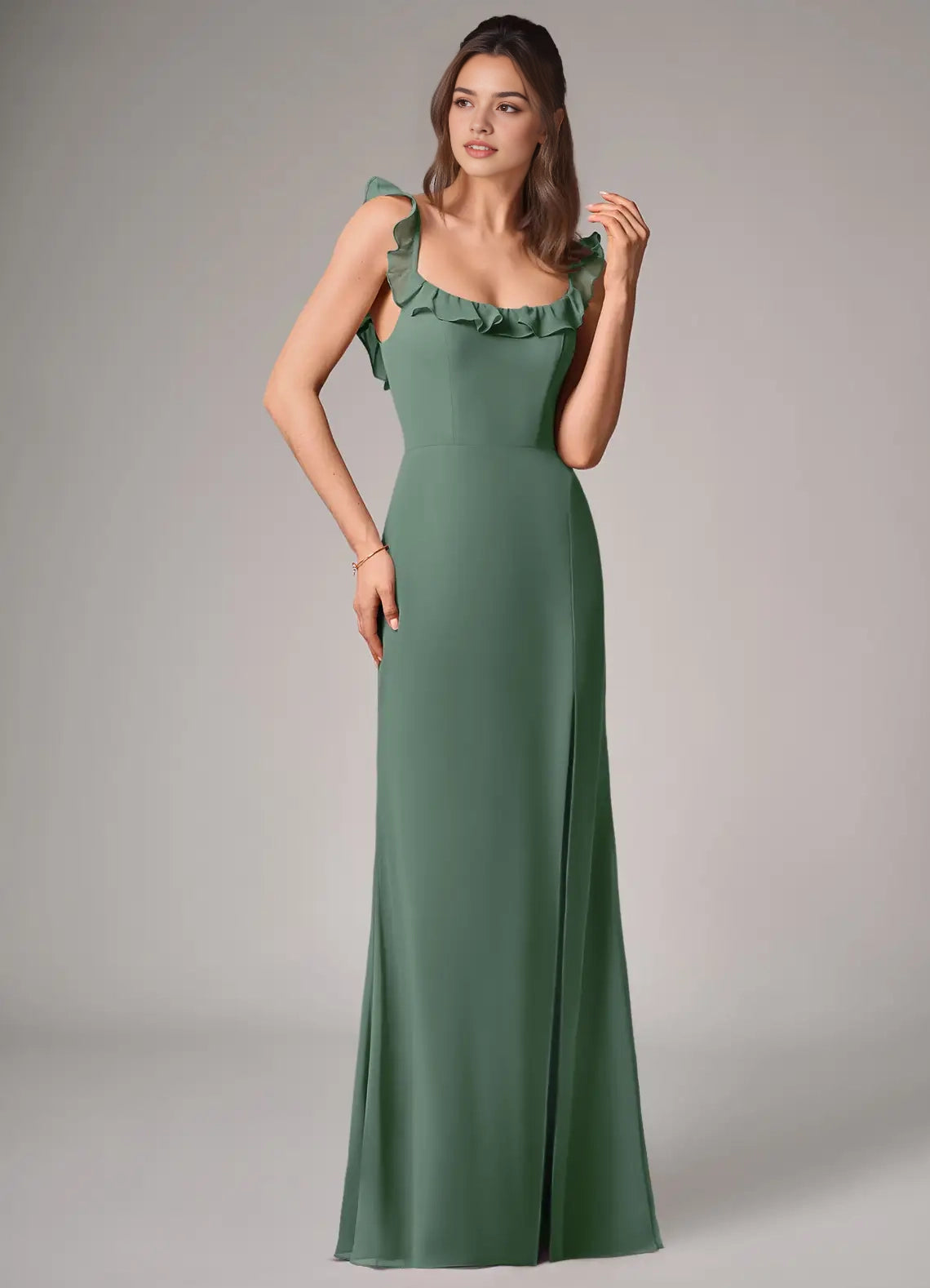 Sage Green Ruffled Strap Maxi Dress with Side Slit and Open Back Eucalyptus Mermaid Side Slit Chiffon Convertible Dress Bridesmaid Dresses