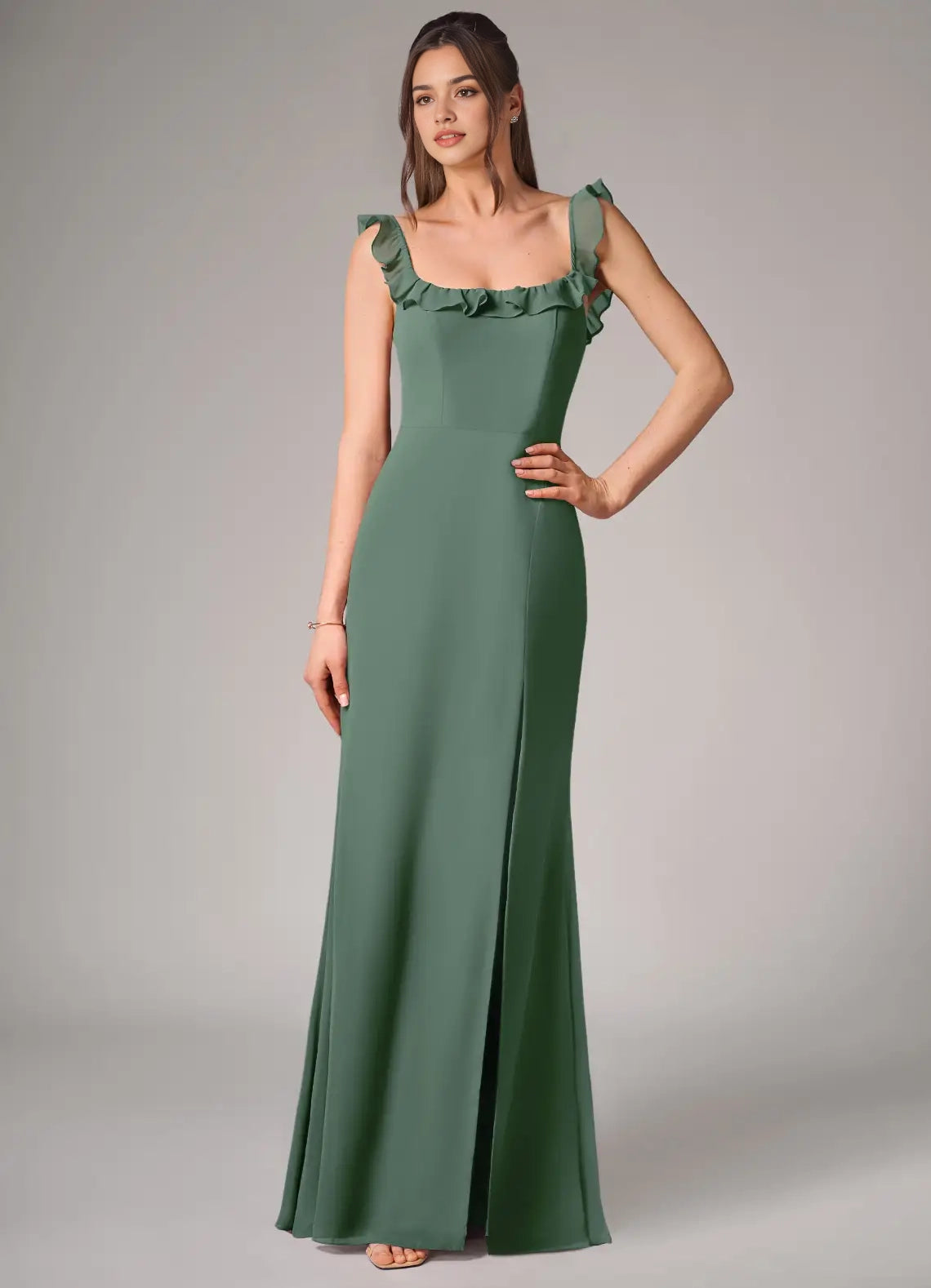 Sage Green Ruffled Strap Maxi Dress with Side Slit and Open Back Eucalyptus Mermaid Side Slit Chiffon Convertible Dress Bridesmaid Dresses