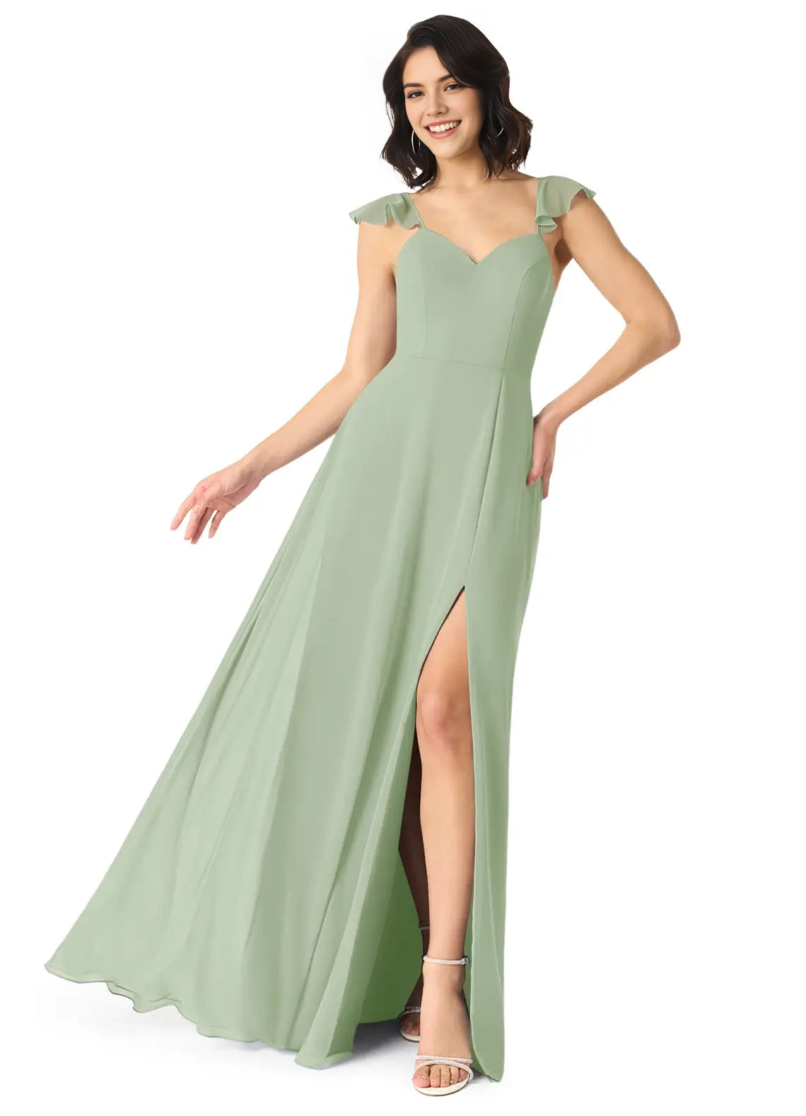 Green Cold-Shoulder Crisscross Back Evening Gown with Side Slit Eucalyptus Mermaid Pleated Chiffon Convertible Bridesmaid Dresses