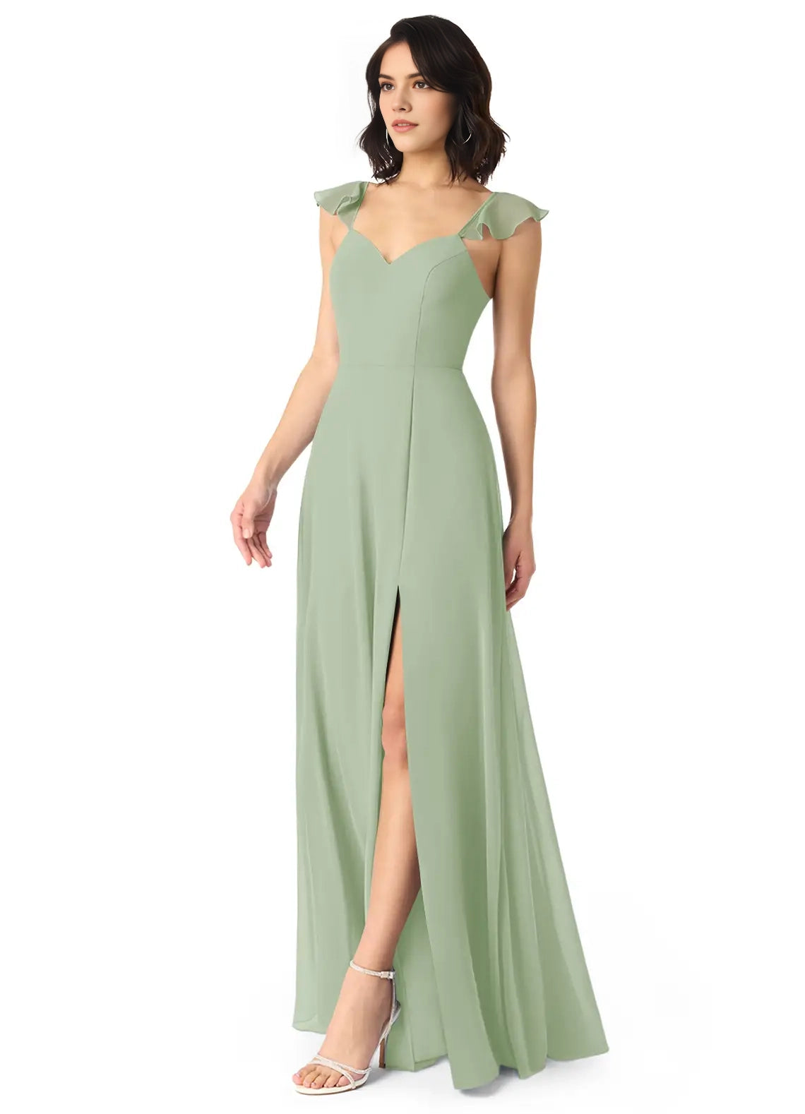 Green Cold-Shoulder Crisscross Back Evening Gown with Side Slit Eucalyptus Mermaid Pleated Chiffon Convertible Bridesmaid Dresses
