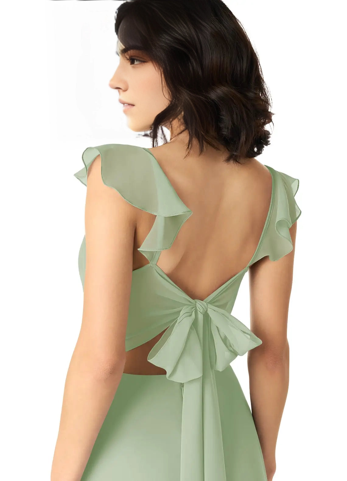 Green Cold-Shoulder Crisscross Back Evening Gown with Side Slit Eucalyptus Mermaid Pleated Chiffon Convertible Bridesmaid Dresses