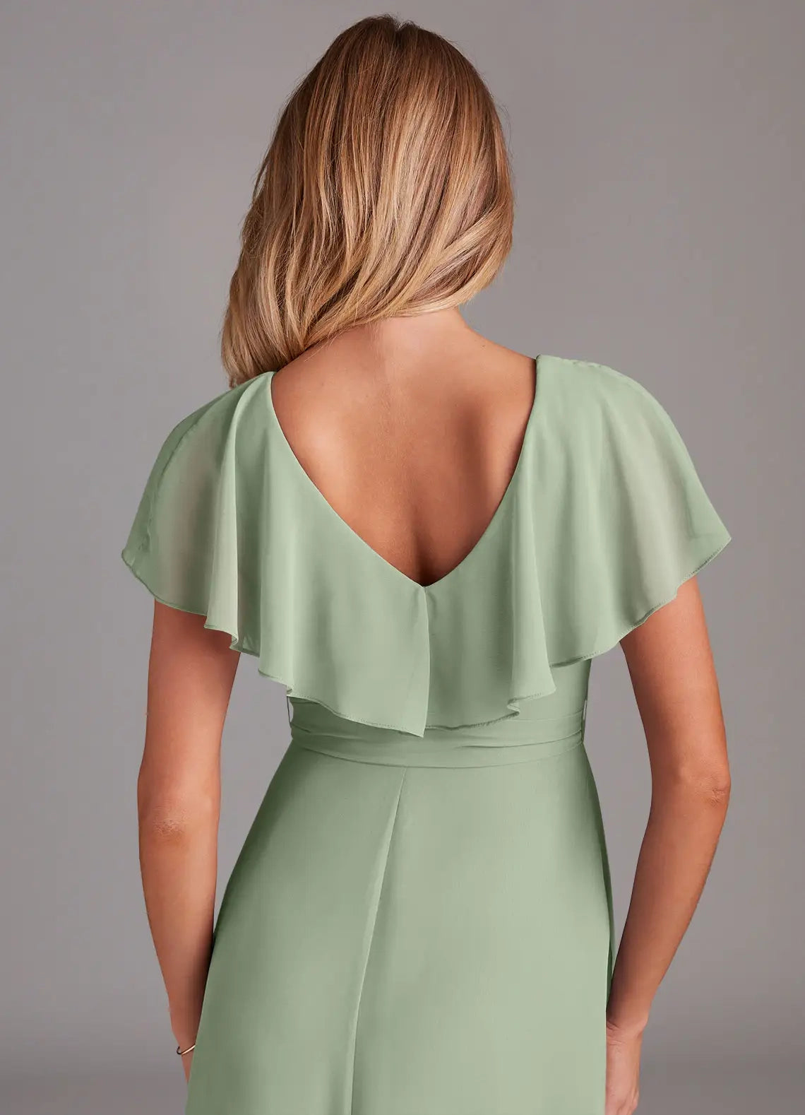 Sage Green Ruffled V-Neck Chiffon Maxi Dress with Side Slit and Belt Dusty Sage A-Line with Pockets Chiffon Dress Bridesmaid Dresses