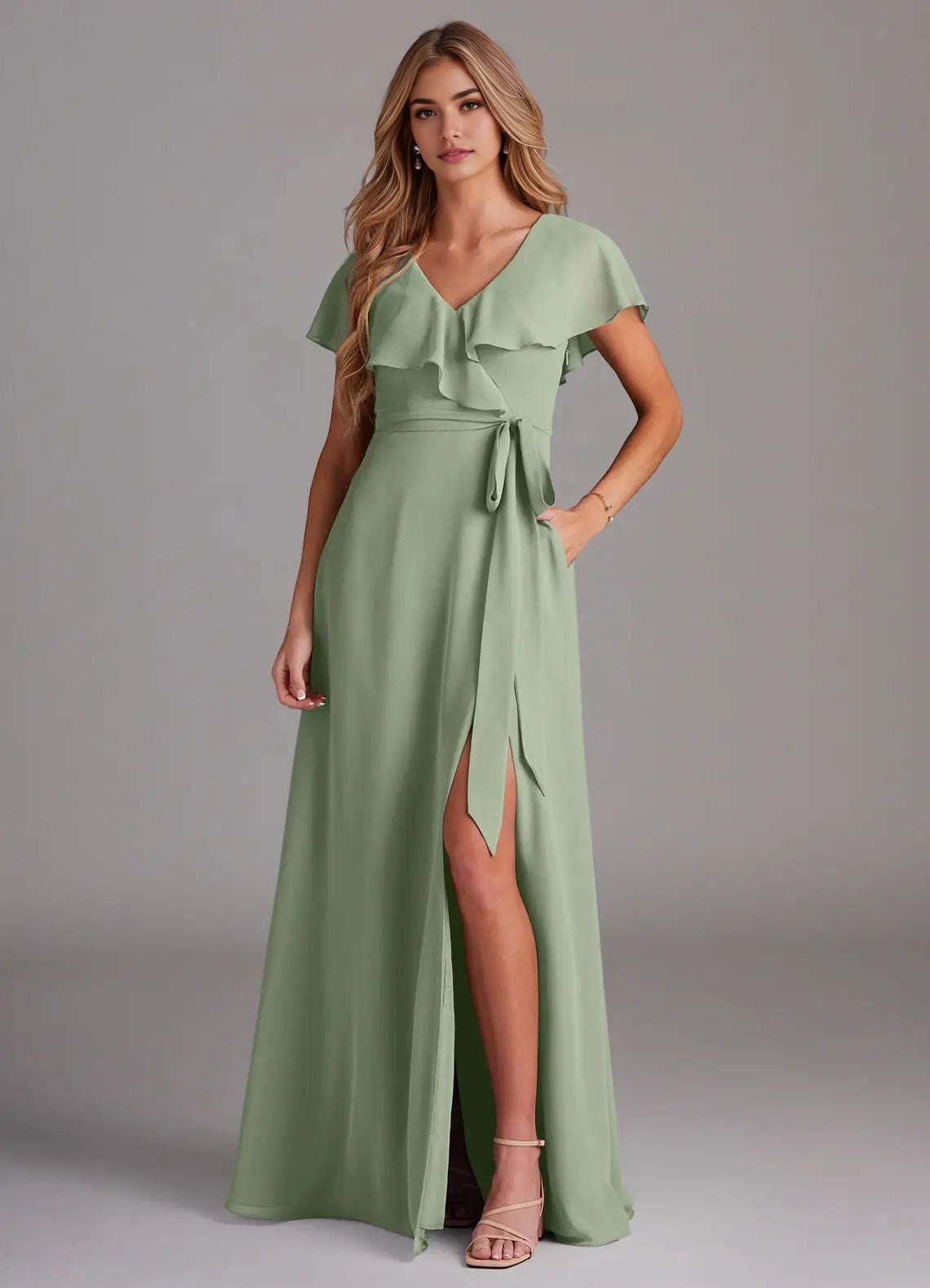 Sage Green Ruffled V-Neck Chiffon Maxi Dress with Side Slit and Belt Dusty Sage A-Line with Pockets Chiffon Dress Bridesmaid Dresses