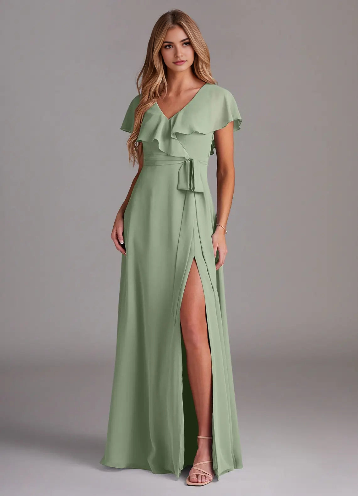 Sage Green Ruffled V-Neck Chiffon Maxi Dress with Side Slit and Belt Dusty Sage A-Line with Pockets Chiffon Dress Bridesmaid Dresses