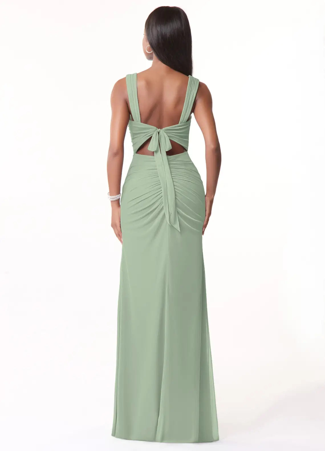 Green Square Neck Open Back Evening Gown with Side Slit Sage Sheath Ruched Mesh Dress Bridesmaid Dresses