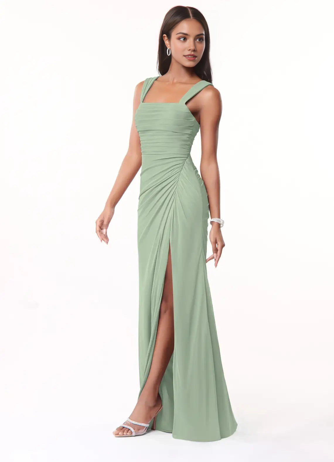 Green Square Neck Open Back Evening Gown with Side Slit Sage Sheath Ruched Mesh Dress Bridesmaid Dresses
