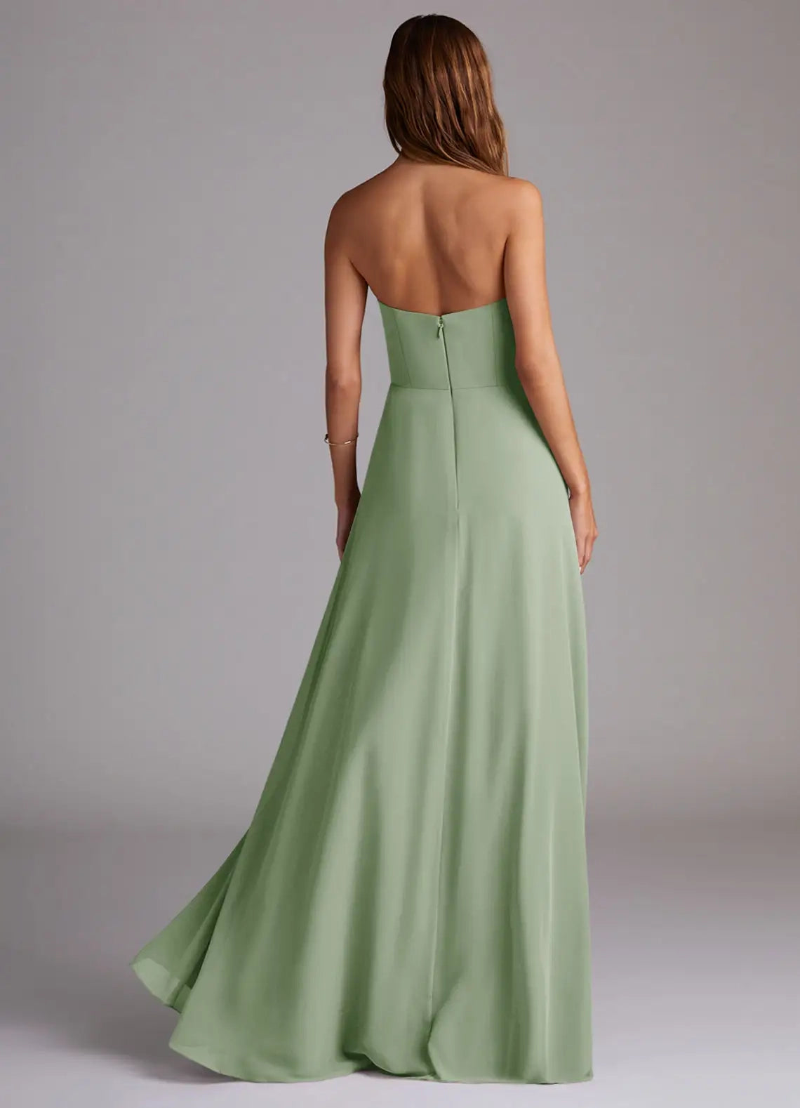Sage Green Strapless Maxi Dress with Side Slit and Open Back A-Line Side Slit Chiffon Convertible Dress