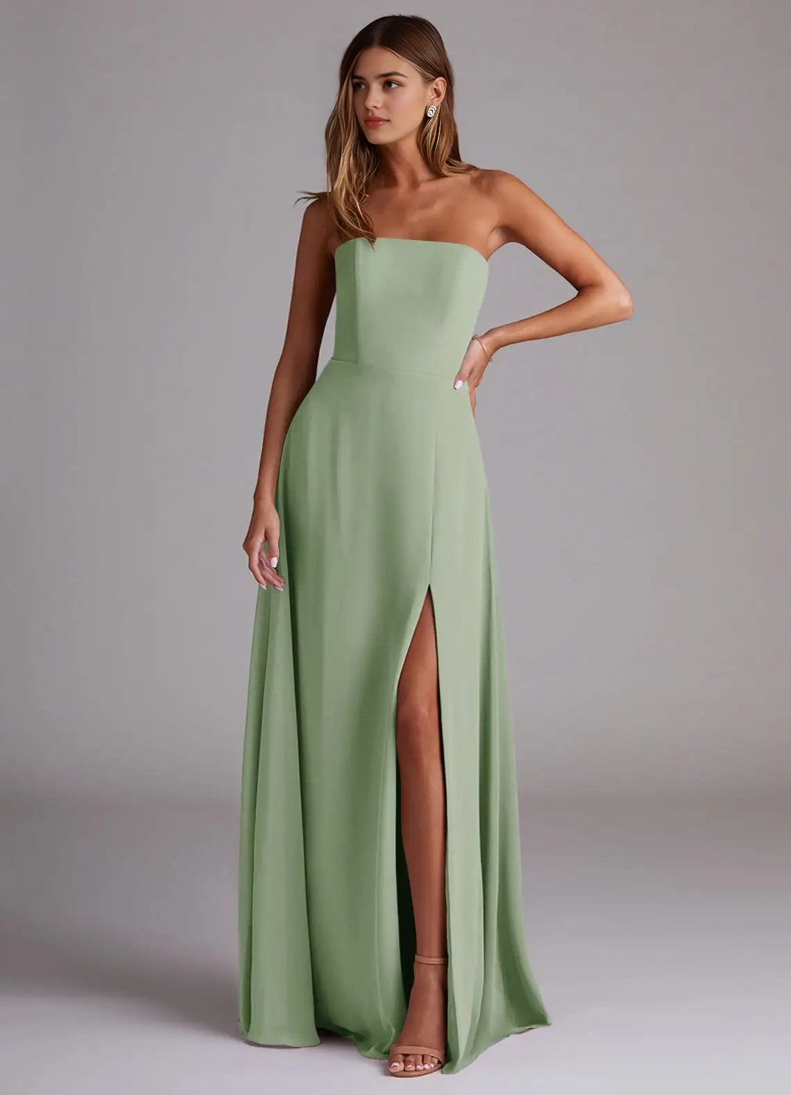 Sage Green Strapless Maxi Dress with Side Slit and Open Back A-Line Side Slit Chiffon Convertible Dress