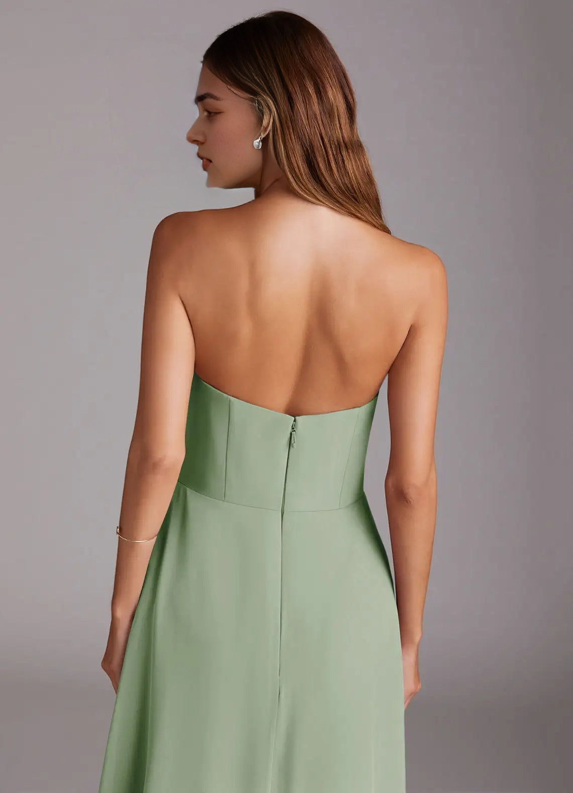 Sage Green Strapless Maxi Dress with Side Slit and Open Back A-Line Side Slit Chiffon Convertible Dress