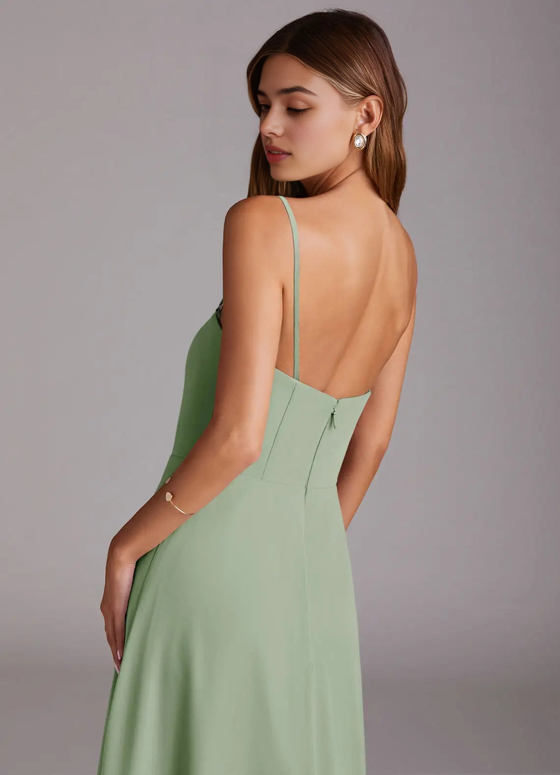 Sage Green Strapless Maxi Dress with Side Slit and Open Back A-Line Side Slit Chiffon Convertible Dress