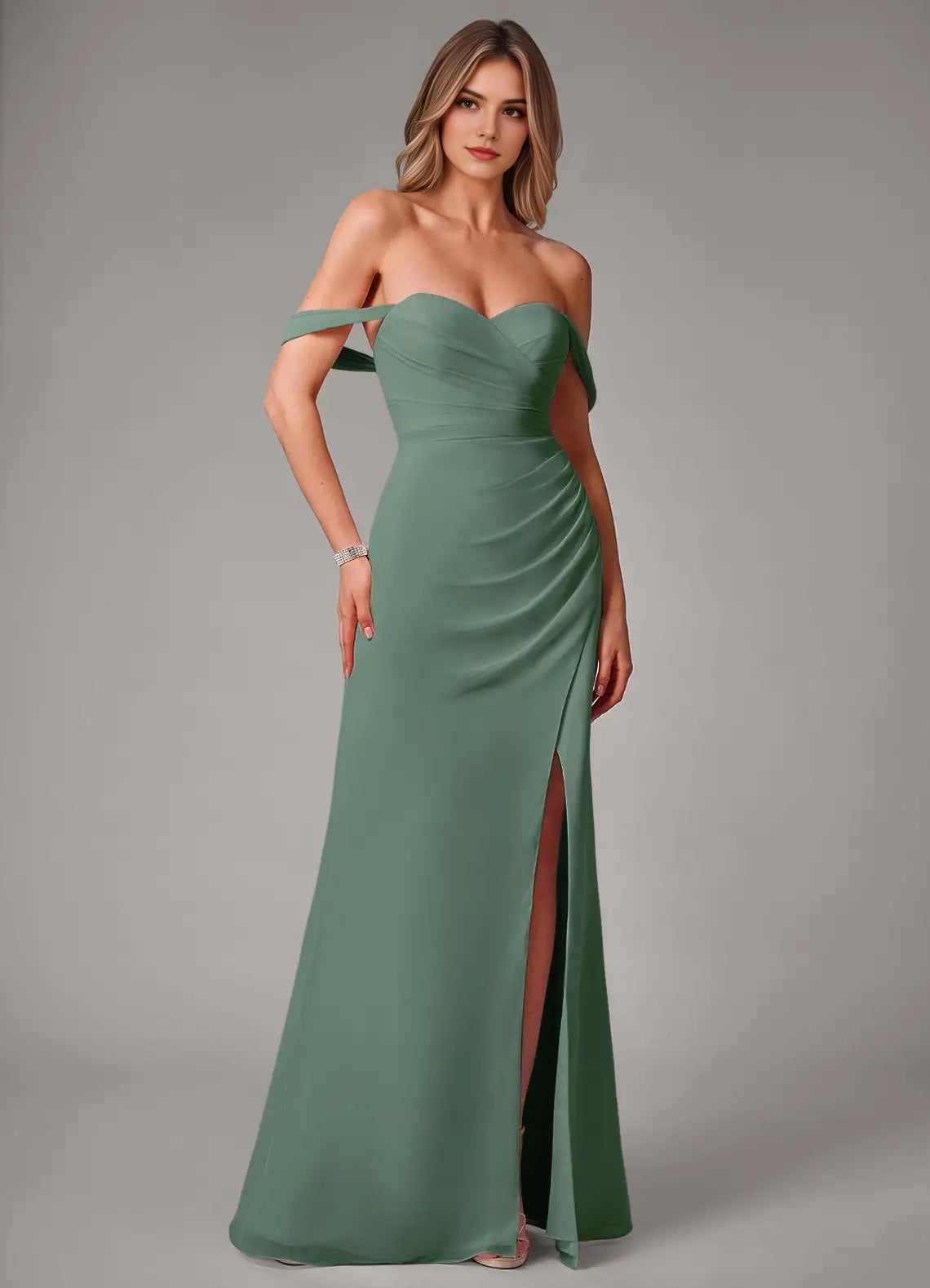 Sage Green Sweetheart Neck Chiffon Evening Gown with Side Slit Eucalyptus Sheath Off the Shoulder Convertible Bridesmaid Dresses