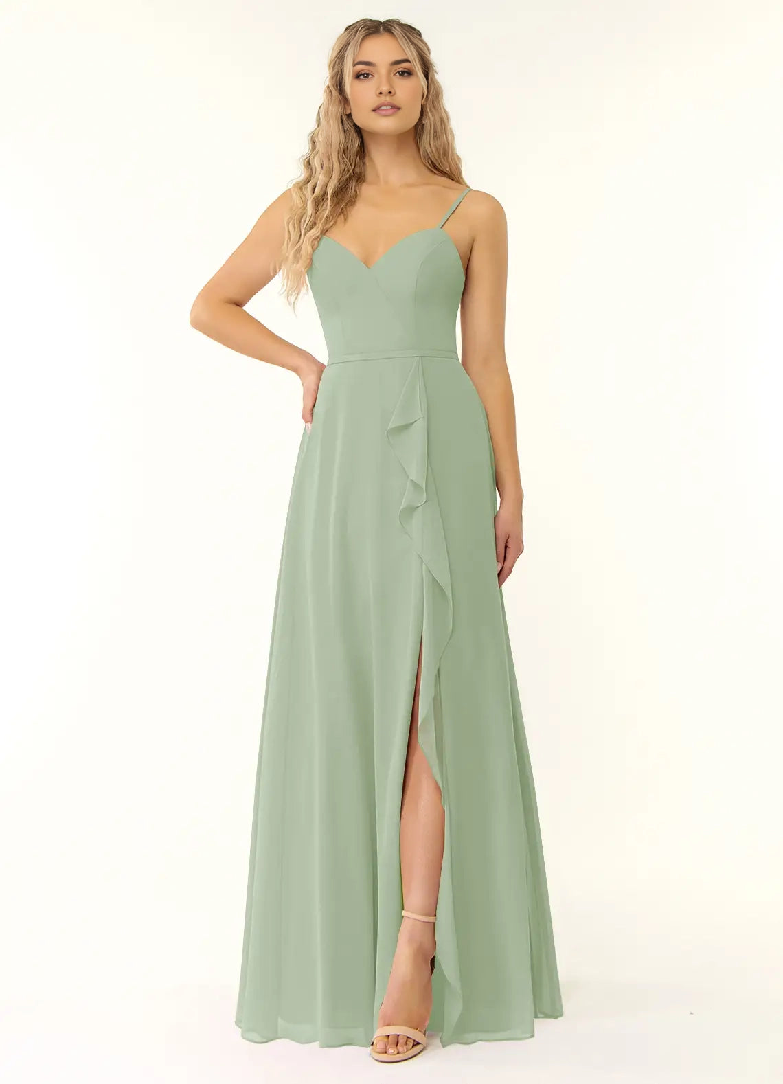 Sage Green Sweetheart Neck Chiffon Maxi Dress with Side Slit and Crisscross Back Dusty Sage A-Line V-Neck Ruffle Chiffon Dress Bridesmaid Dresses