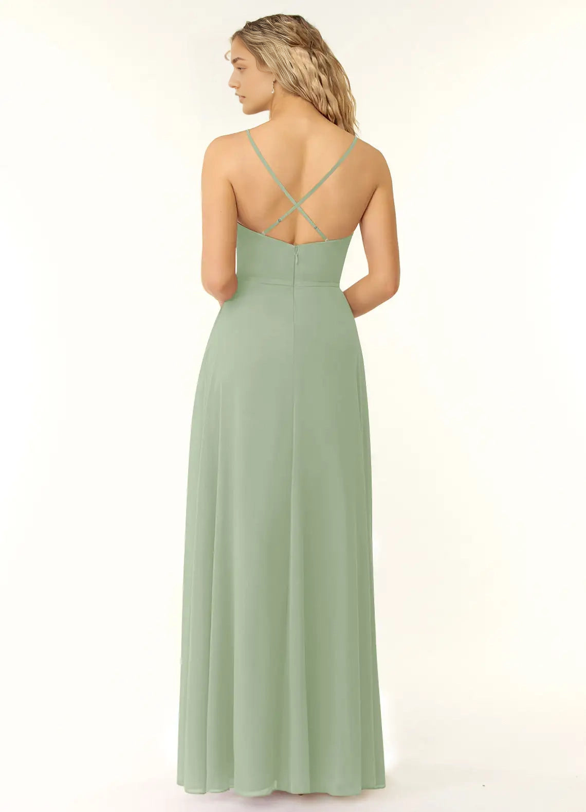 Sage Green Sweetheart Neck Chiffon Maxi Dress with Side Slit and Crisscross Back Dusty Sage A-Line V-Neck Ruffle Chiffon Dress Bridesmaid Dresses