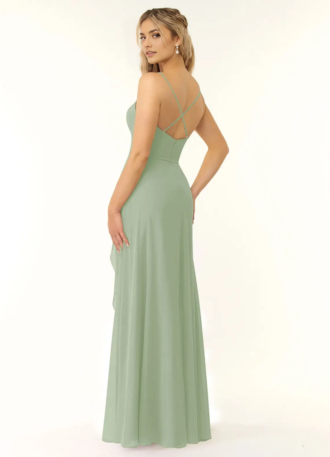 Sage Green Sweetheart Neck Chiffon Maxi Dress with Side Slit and Crisscross Back Dusty Sage A-Line V-Neck Ruffle Chiffon Dress Bridesmaid Dresses