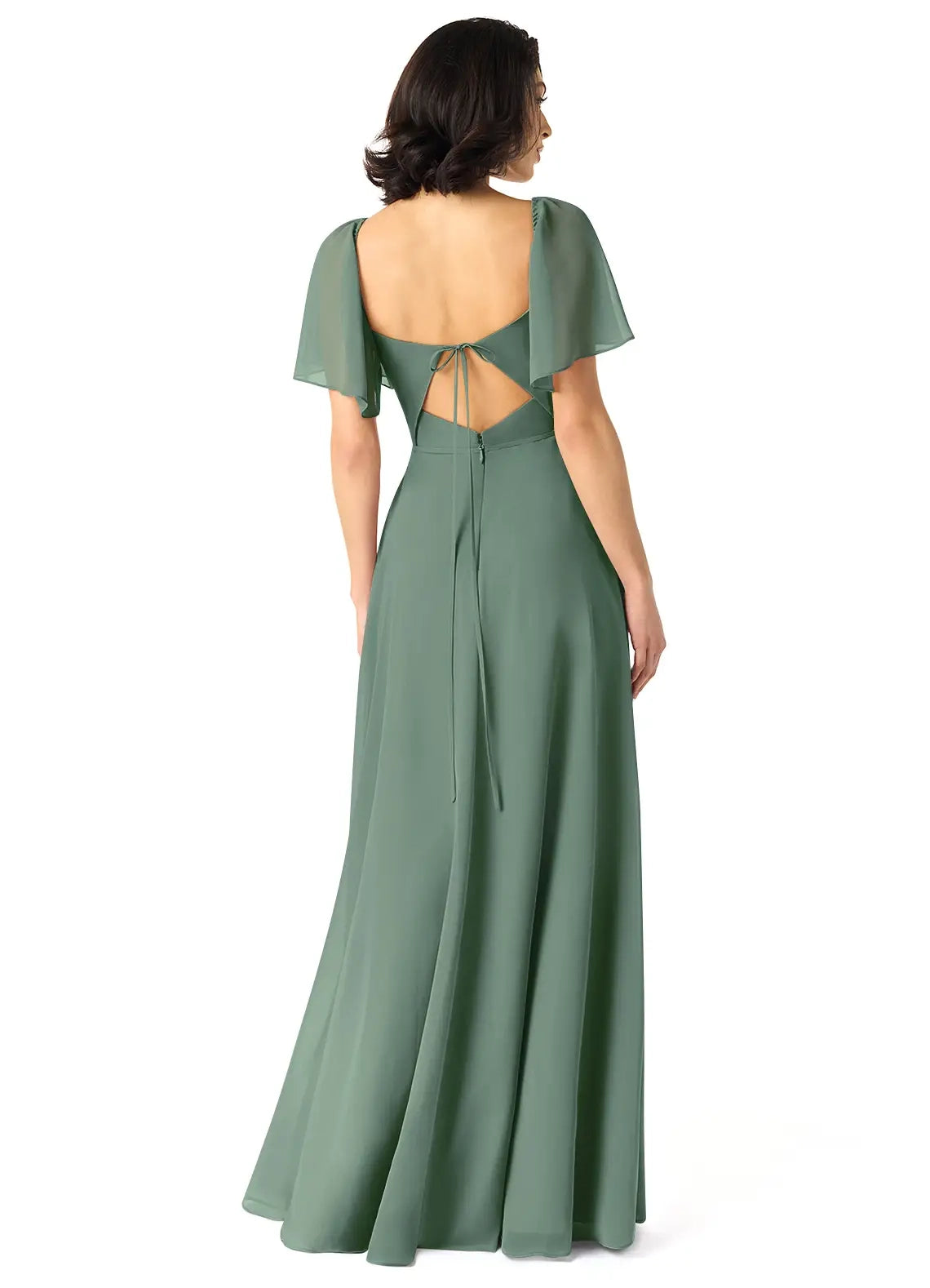 Sage Green Sweetheart Neck Maxi Dress with Flutter Sleeves and Side Slit A-Line  Chiffon Dress Bridesmaid Dresses