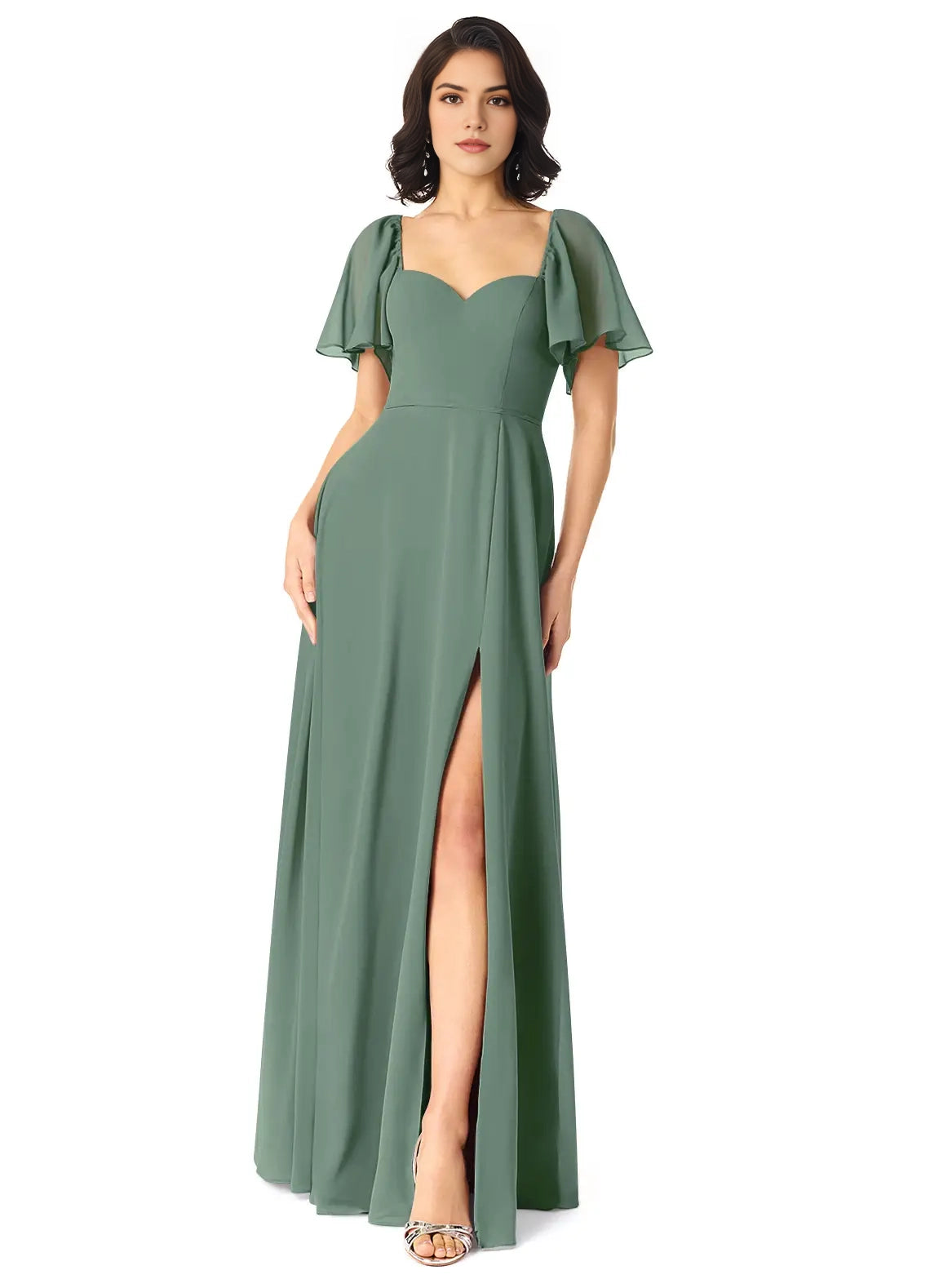 Sage Green Sweetheart Neck Maxi Dress with Flutter Sleeves and Side Slit A-Line  Chiffon Dress Bridesmaid Dresses