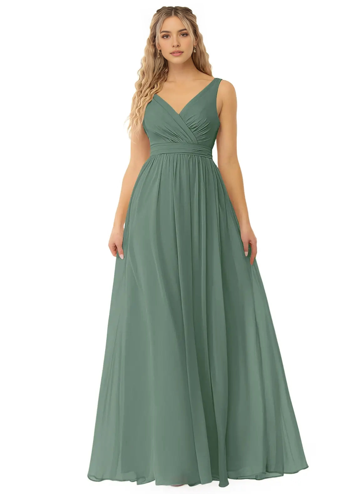 Sage Green V-Neck Chiffon Maxi Dress with Open Back Bow Eucalyptus A-Line Pleated Chiffon Dress Bridesmaid Dresses