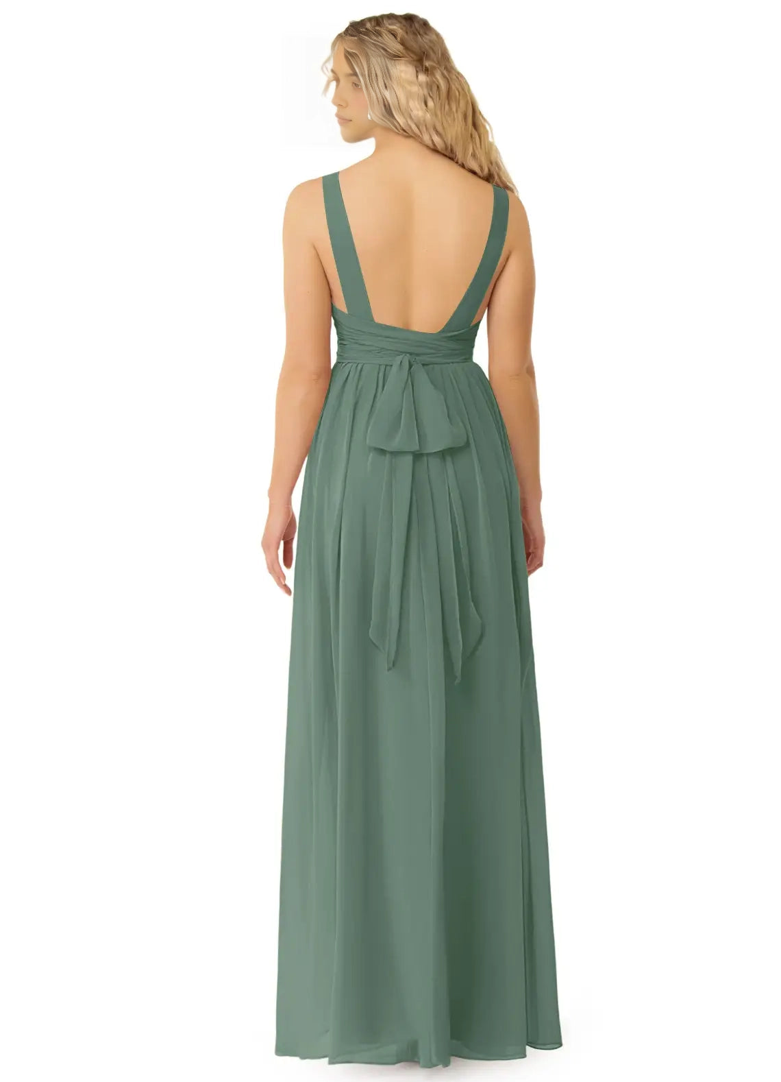 Sage Green V-Neck Chiffon Maxi Dress with Open Back Bow Eucalyptus A-Line Pleated Chiffon Dress Bridesmaid Dresses