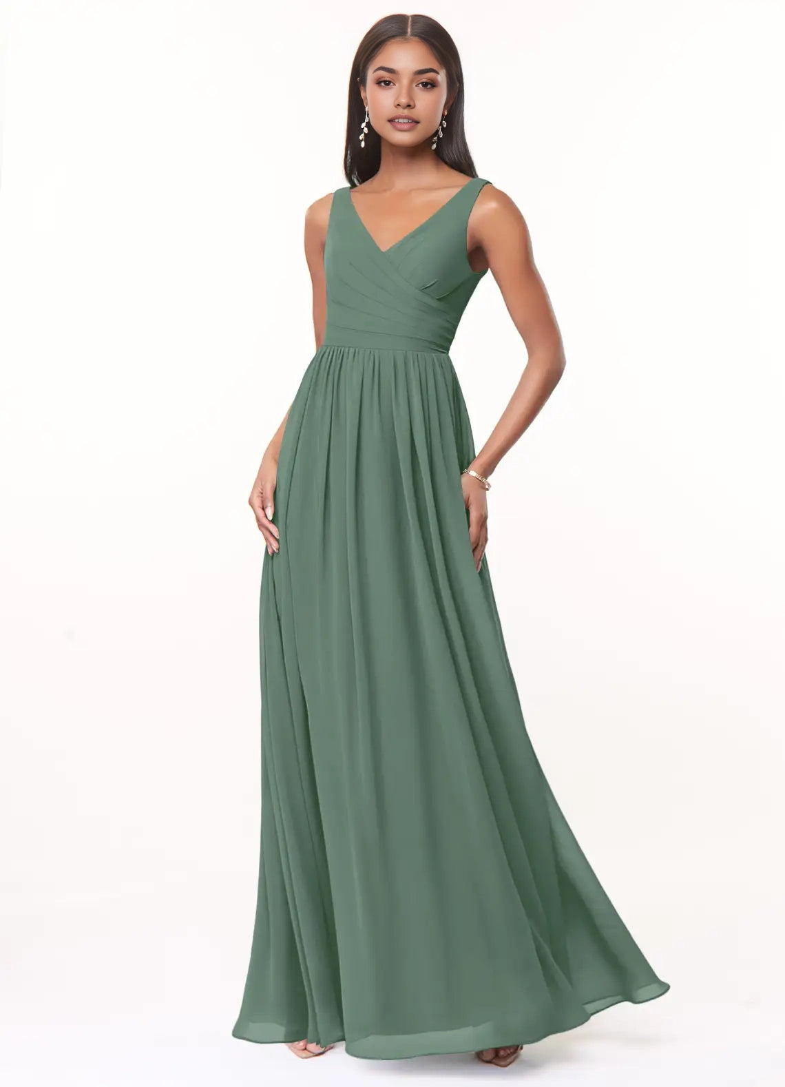 Sage Green V-Neck Chiffon Maxi Dress with Open Back Eucalyptus A-Line V-Neck Pleated Chiffon Dress Bridesmaid Dresses