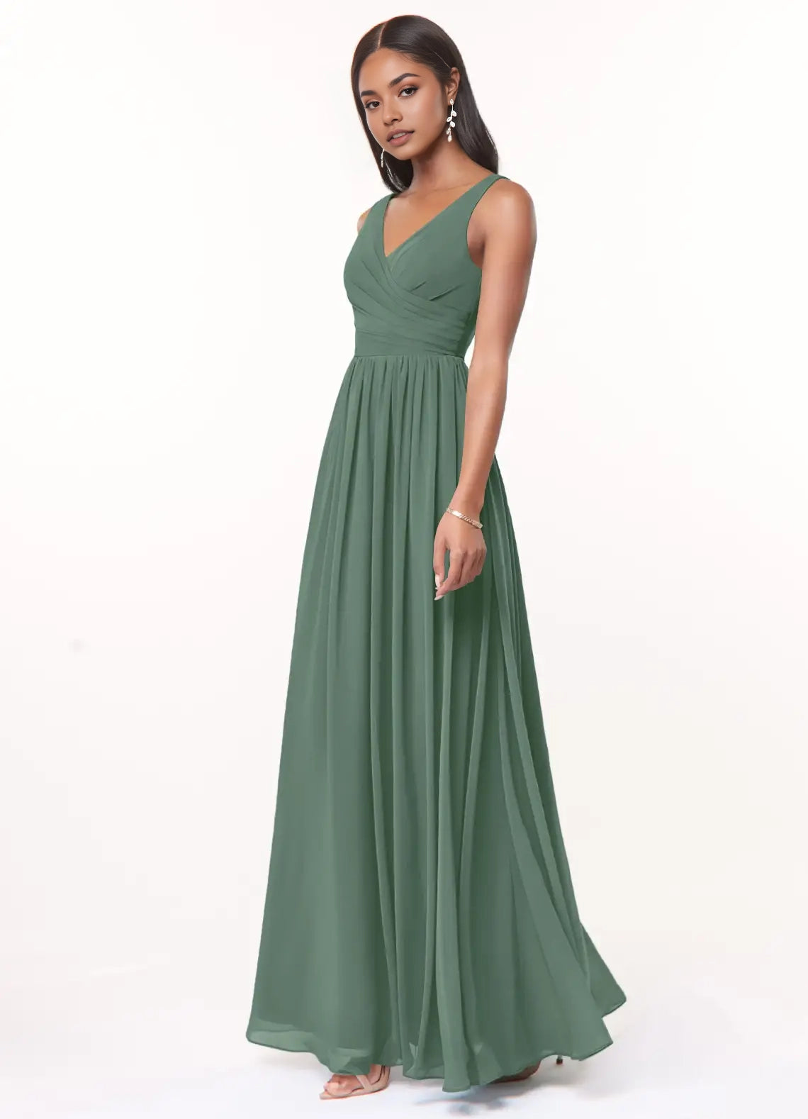 Sage Green V-Neck Chiffon Maxi Dress with Open Back Eucalyptus A-Line V-Neck Pleated Chiffon Dress Bridesmaid Dresses