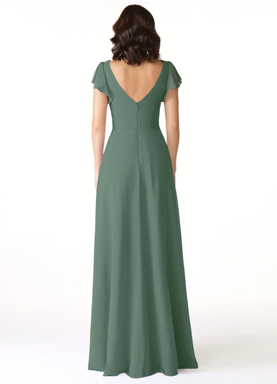 Sage Green V-Neck Flutter Sleeve Maxi Dress with Side Slit  A-Line Chiffon Bridesmaid Dresses