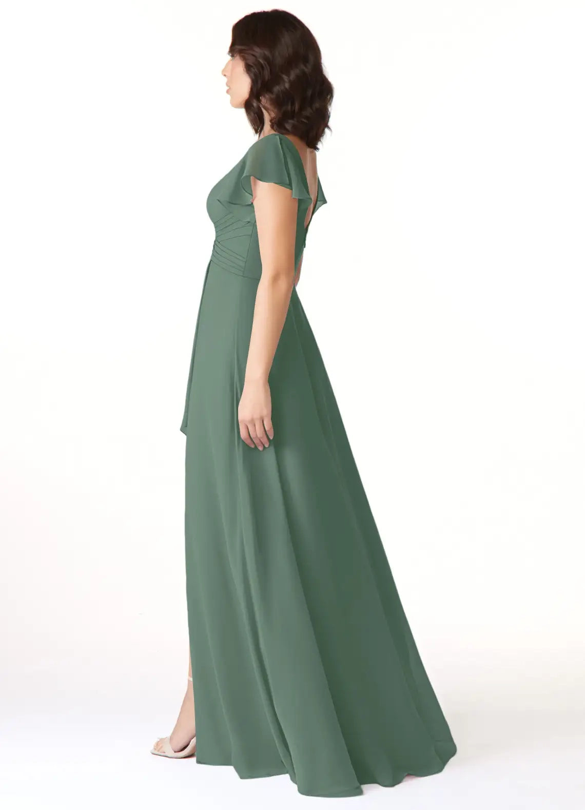 Sage Green V-Neck Flutter Sleeve Maxi Dress with Side Slit  A-Line Chiffon Bridesmaid Dresses