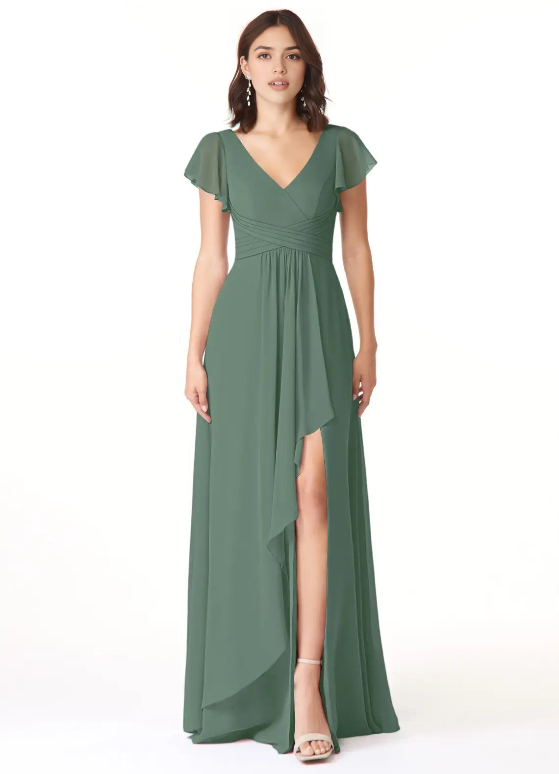 Sage Green V-Neck Flutter Sleeve Maxi Dress with Side Slit  A-Line Chiffon Bridesmaid Dresses