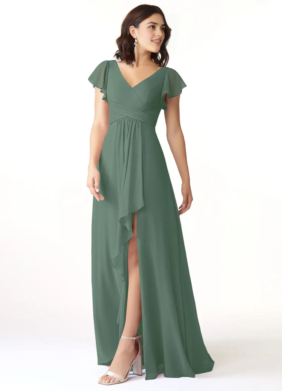 Sage Green V-Neck Flutter Sleeve Maxi Dress with Side Slit  A-Line Chiffon Bridesmaid Dresses