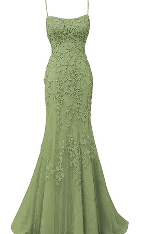 Sage Green Lace Appliques Long Prom Dress Mermaid Spaghetti Straps Evening Dresses simple gentle atmospheric and unique desi Bring summer colors to enhance whiteness