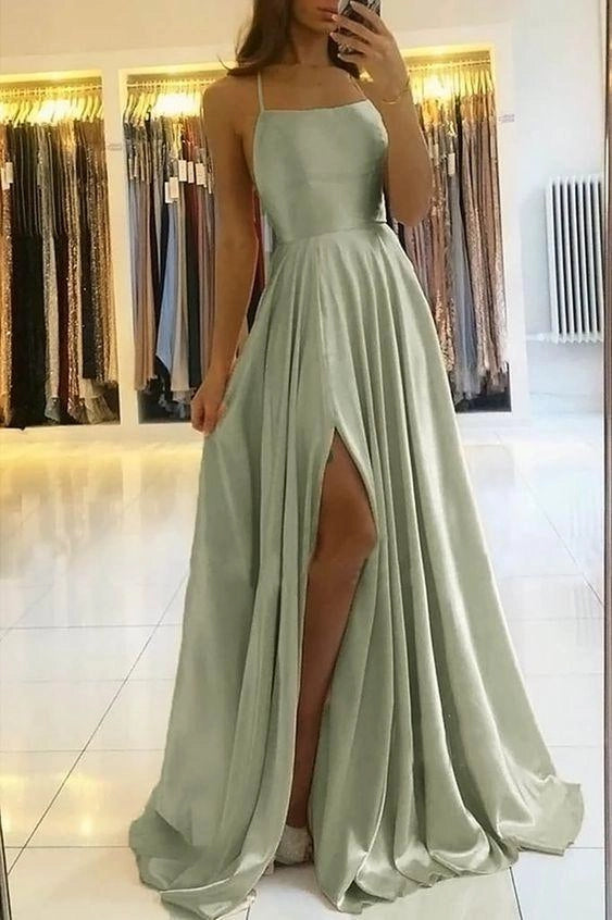 Sage Green Prom Dress With Slit Simple A Line Long Evening Dresses simple gentle atmospheric and unique desi Bring summer colors to enhance whitenes