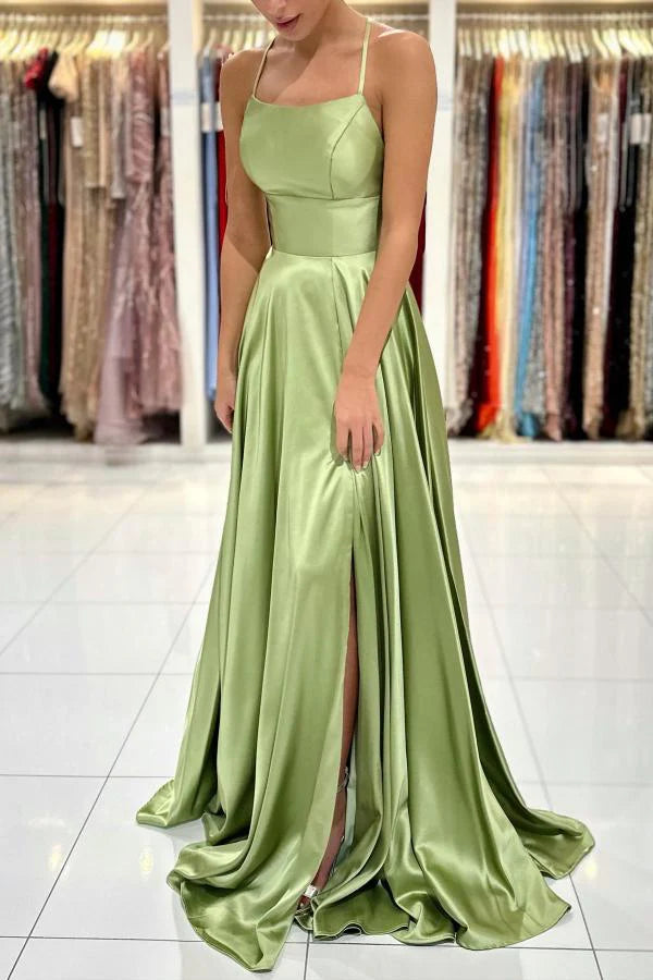 Sage Green Spaghetti-Straps Prom Dresses Long Split Simple gentle atmospheric and unique design