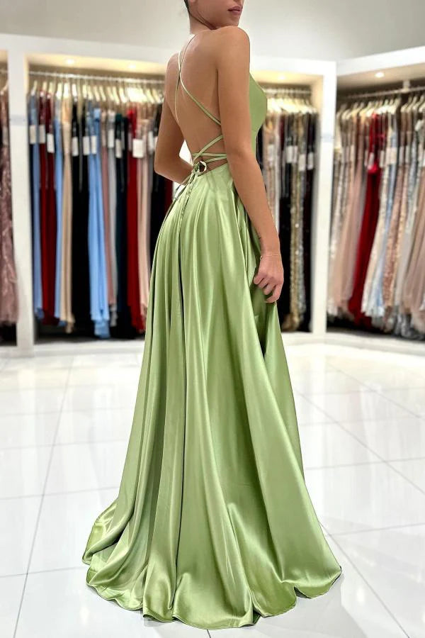 Sage Green Spaghetti-Straps Prom Dresses Long Split Simple gentle atmospheric and unique design