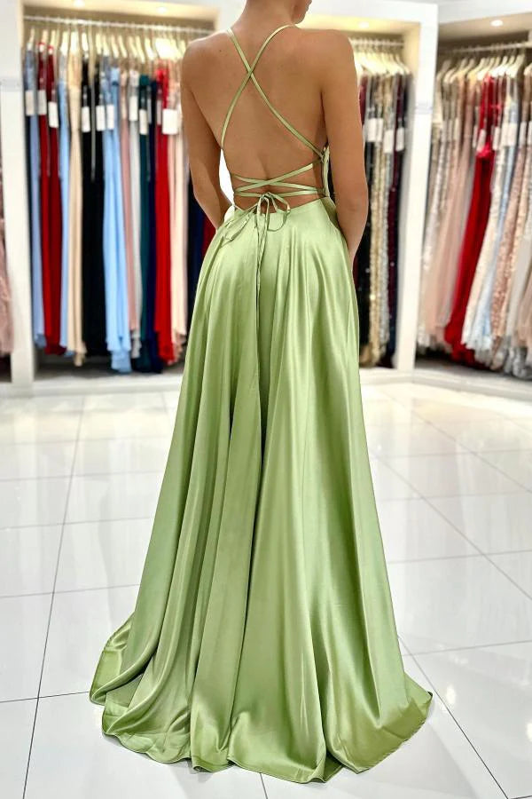 Sage Green Spaghetti-Straps Prom Dresses Long Split Simple gentle atmospheric and unique design