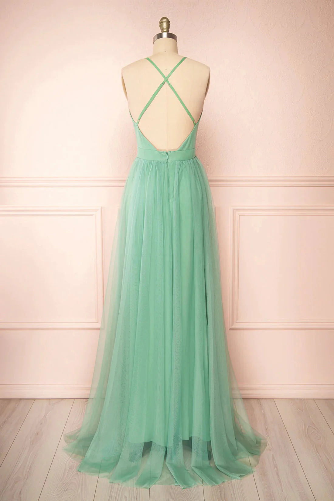 Sage Green V-Neck Tulle Long Prom Dress Simple Backless Evening Dress simple gentle atmospheric and unique desi Bring summer colors to enhance white