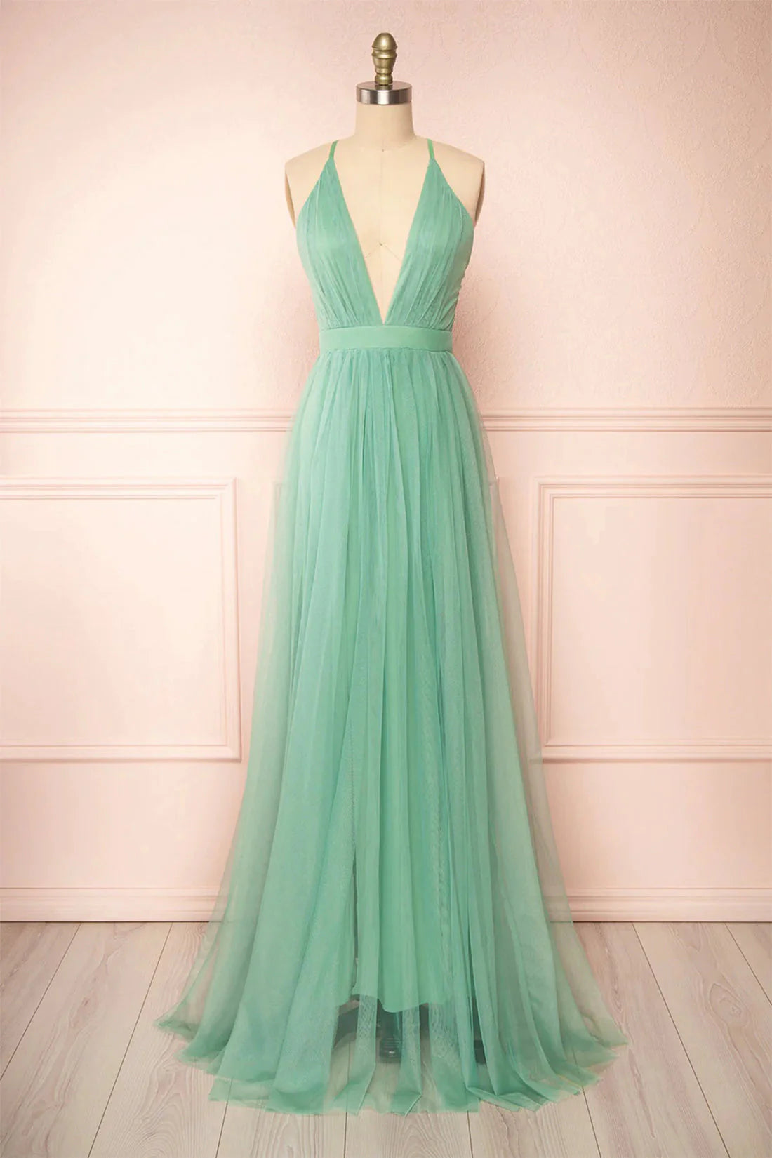Sage Green V-Neck Tulle Long Prom Dress Simple Backless Evening Dress simple gentle atmospheric and unique desi Bring summer colors to enhance white