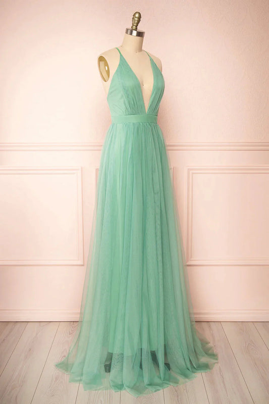 Sage Green V-Neck Tulle Long Prom Dress Simple Backless Evening Dress simple gentle atmospheric and unique desi Bring summer colors to enhance white