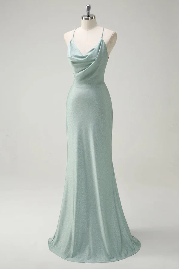 Sage Mermaid Spaghetti Straps Ruched Long Prom Dress with Lace Up Back simple gentle atmospheric and unique desi Bring summer colors to enhance whiteness