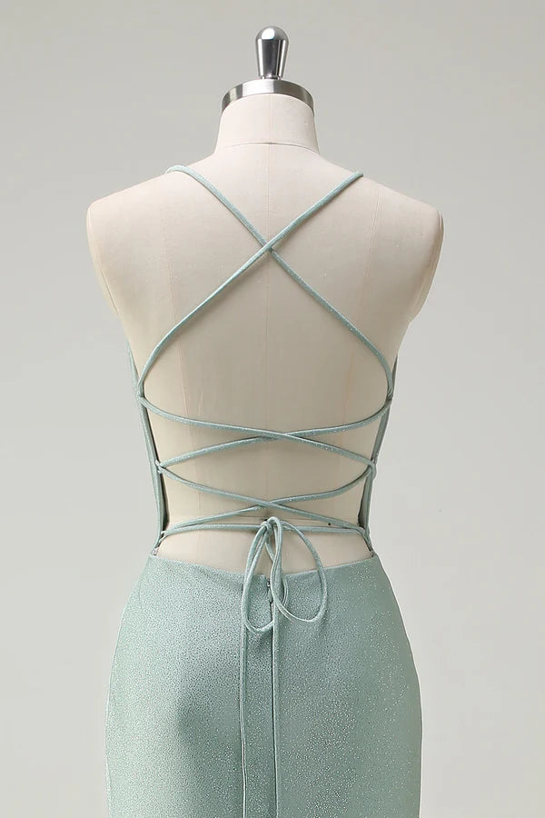 Sage Mermaid Spaghetti Straps Ruched Long Prom Dress with Lace Up Back simple gentle atmospheric and unique desi Bring summer colors to enhance whiteness