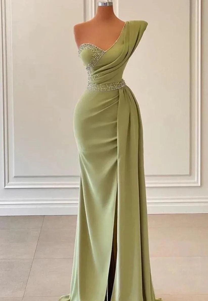 Sage One-Shoulder Split Mermaid Prom Dress With Beadings simple gentle atmospheric and unique desi Bring summer colors to enhance whiteness