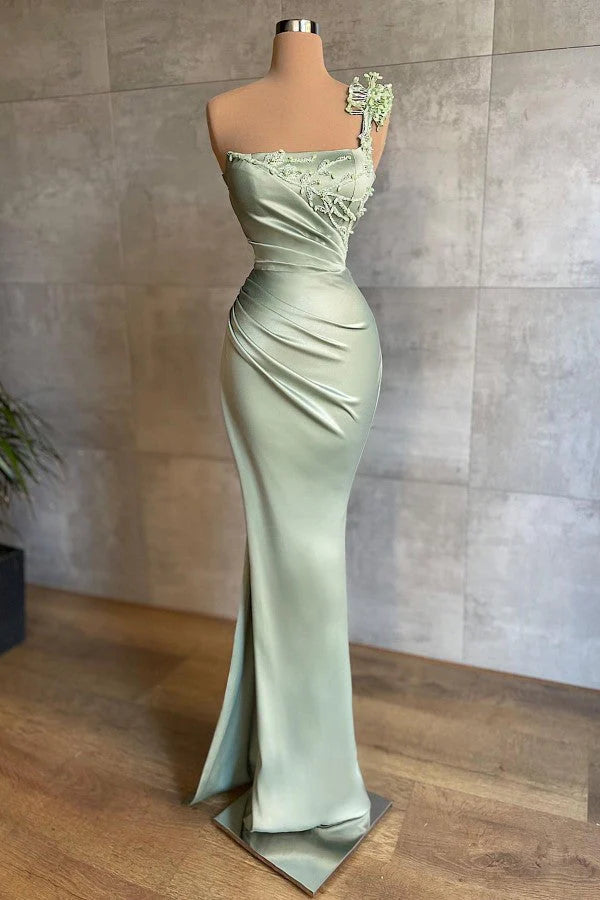 Sage One Shoulder Prom Dress Mermaid With Beads Simple gentle atmospheric and unique design