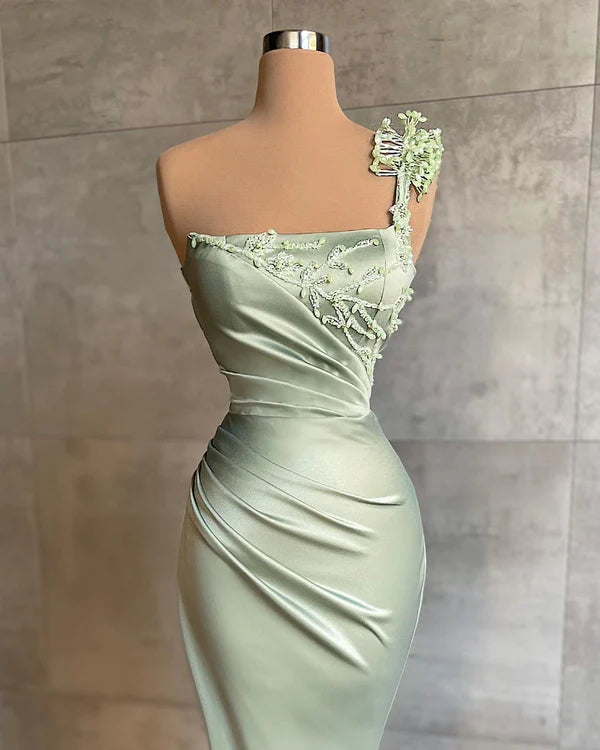 Sage One Shoulder Prom Dress Mermaid With Beads Simple gentle atmospheric and unique design