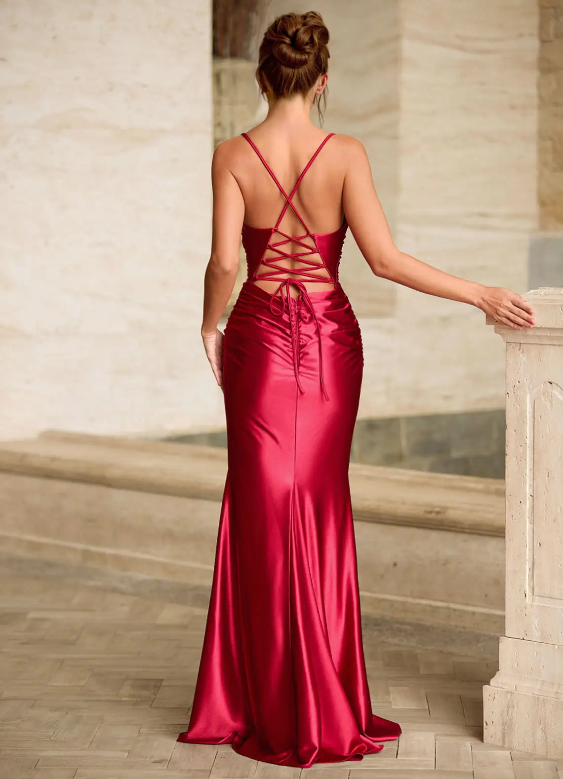 Satin Mermaid Plunging V Neck Spaghetti Strap Crisscross Lace Up Back Floor Length Female Evening Dress